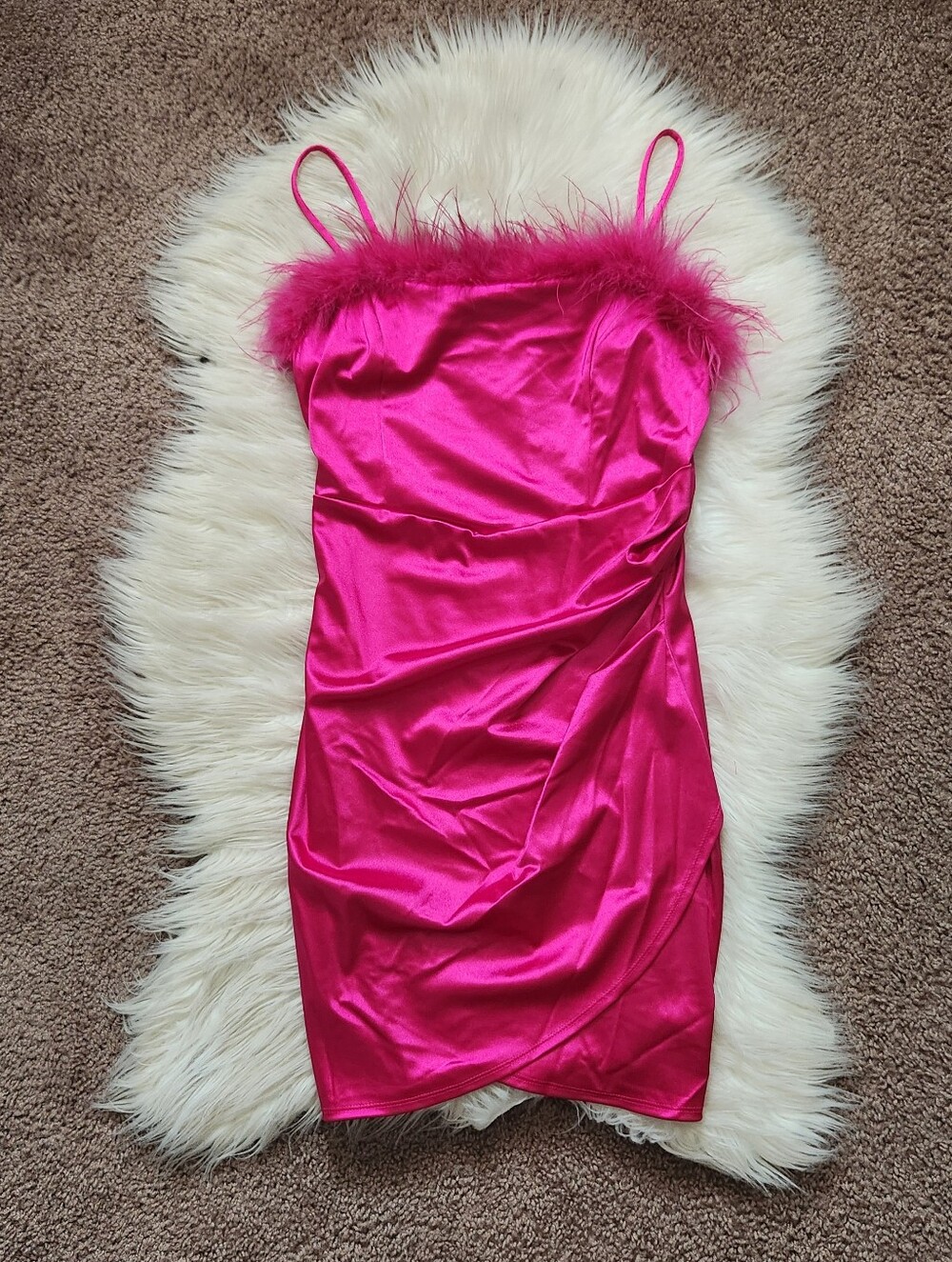 Hot Pink Satin Dress with Feather Trim